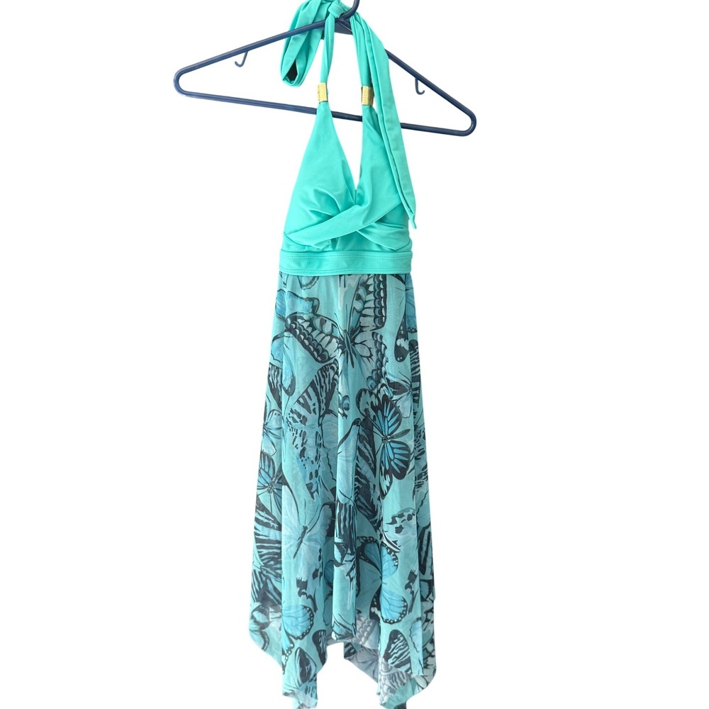 Turquoise Butterfly Print Halter Swim Dress Gold Hardware Mesh Skirt Medium